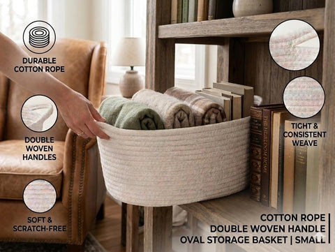 Double-Handle Woven Storage Basket – Nordic Style Cotton Rope Organizer Bin for Snacks, Toys, Clothes & Home Décor – 33x23x14cm (White)