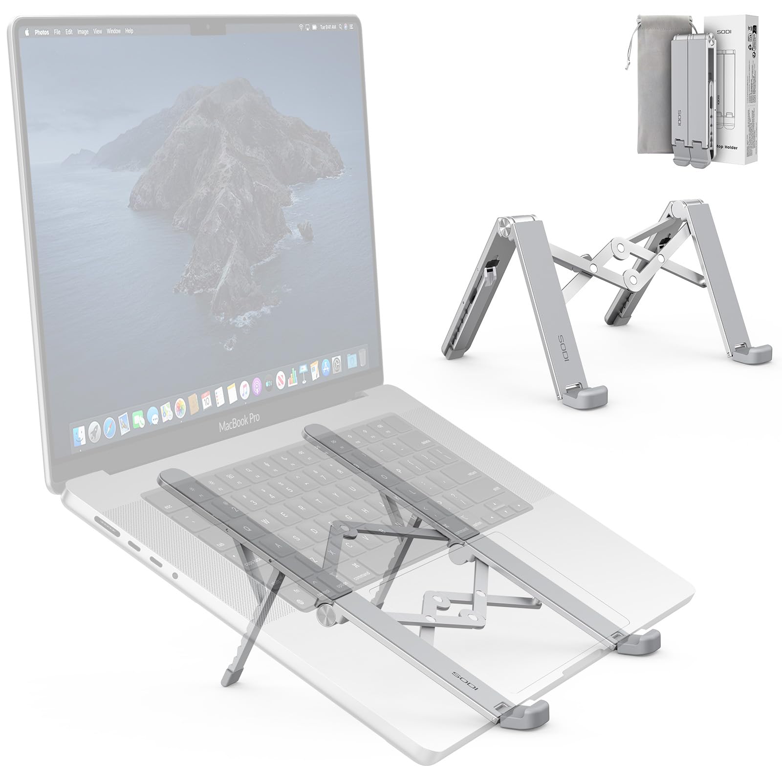 SODI 2026 2-in-1 Foldable Laptop Stand, Tablet and iPad Stand, Lightweight 210 g, 6-Level Adjustable Aluminium Laptop Riser with Heat Dissipation