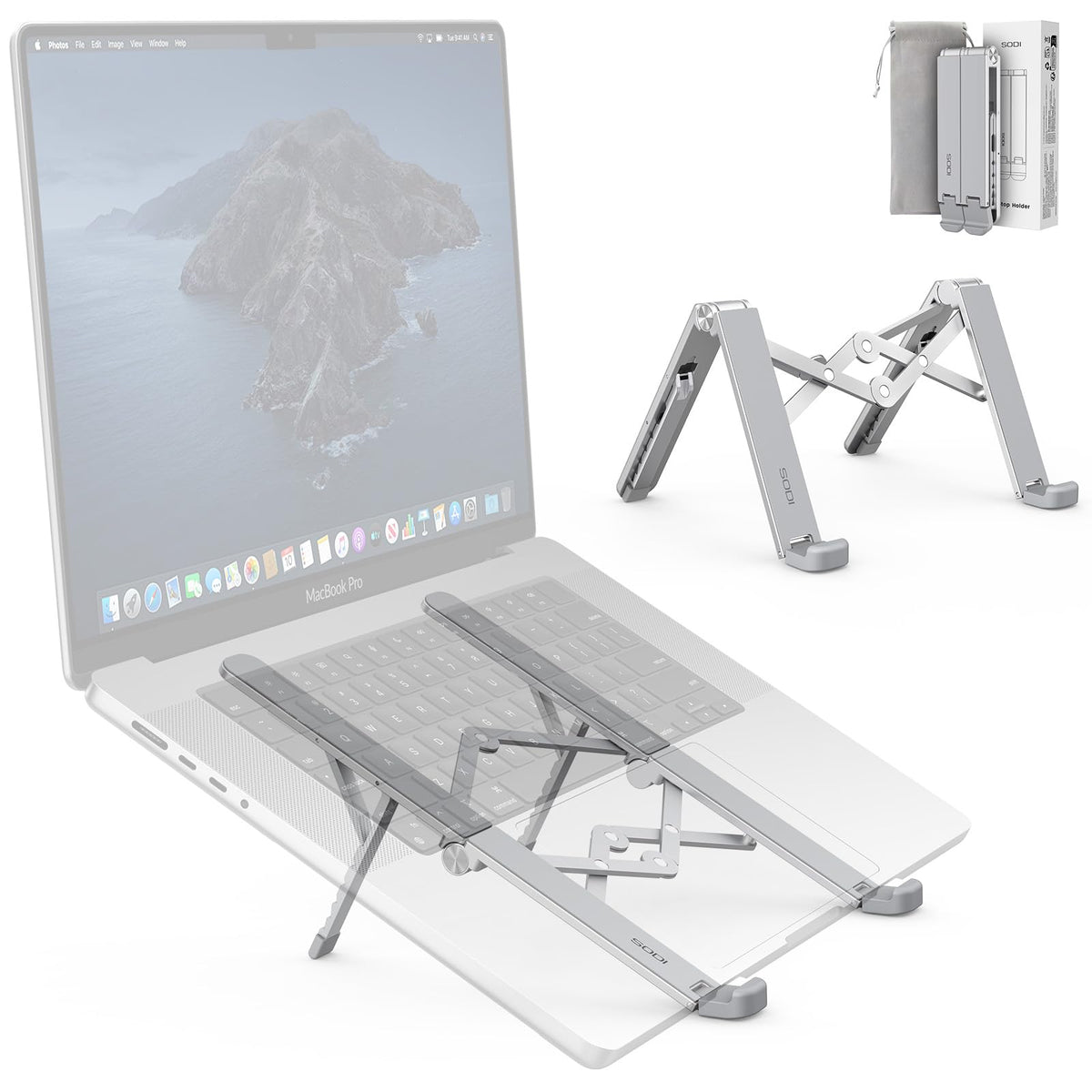 SODI 2026 2-in-1 Foldable Laptop Stand, Tablet and iPad Stand, Lightweight 210 g, 6-Level Adjustable Aluminium Laptop Riser with Heat Dissipation