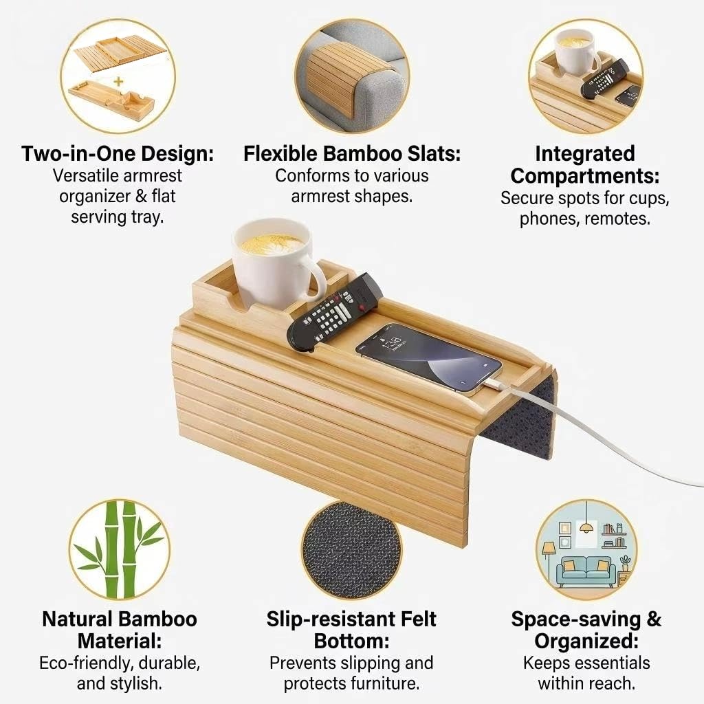 Ancaedhl Bamboo Sofa Arm Tray, 2-in-1 Foldable Armchair Tray with Built-in Cup Holder - Anti-Slip Couch Armrest Tray for Living Room