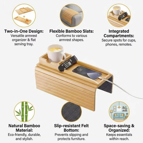 Ancaedhl Bamboo Sofa Arm Tray, 2-in-1 Foldable Armchair Tray with Built-in Cup Holder - Anti-Slip Couch Armrest Tray for Living Room