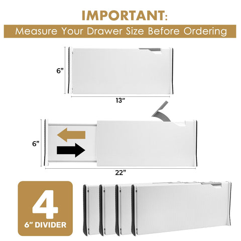 RAPTUROUS Expandable Tall Drawer Dividers 4 Pack - 6 Inch High Dresser Drawer Organizers, White