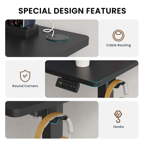 Farini U-Shaped Ergonomic Electric Standing Desk, 100x60cm, Height Adjustable Sit to Stand Desk with Memory Keypad & Headphone Hook for Home and