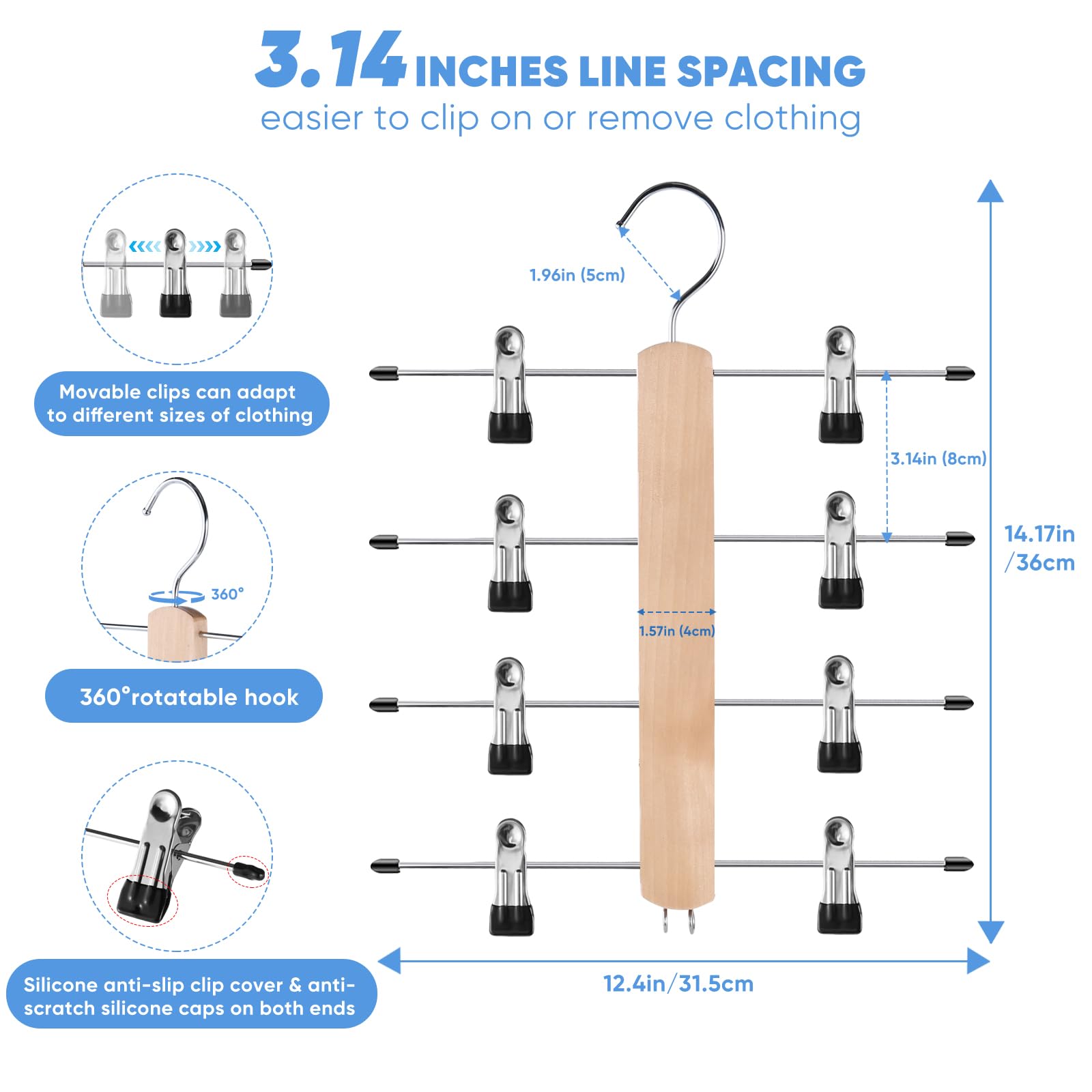VANZAVANZU Trouser Hangers with Clips Space Saving Pant Hangers, 2 Pack 4 Tier Wooden Pole Skirt Hangers Clip Hangers