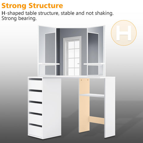 ELEGANT Corner Dressing Table with Mirror and 5 Drawers, 54x111x142cm