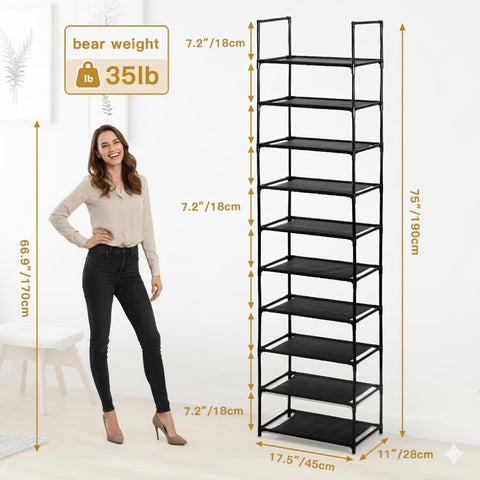 Shoe Rack, 10-Tier Tall Shoe Storage Organiser with Hooks, Holds 20 Pairs