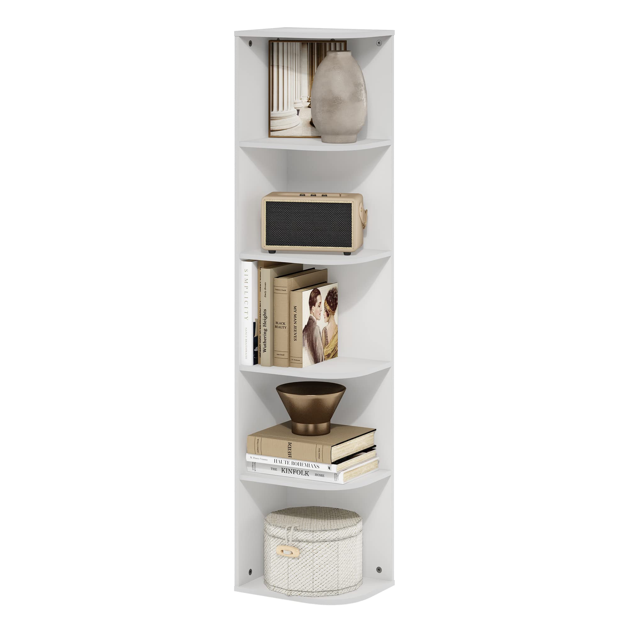 Furinno PASIR Book Shelf, 5-Tier Corner Bookshelf, Open Shelves Bookcase 9.3 x 12 x 51.7, for Living Room, Bedroom, Home Office, White