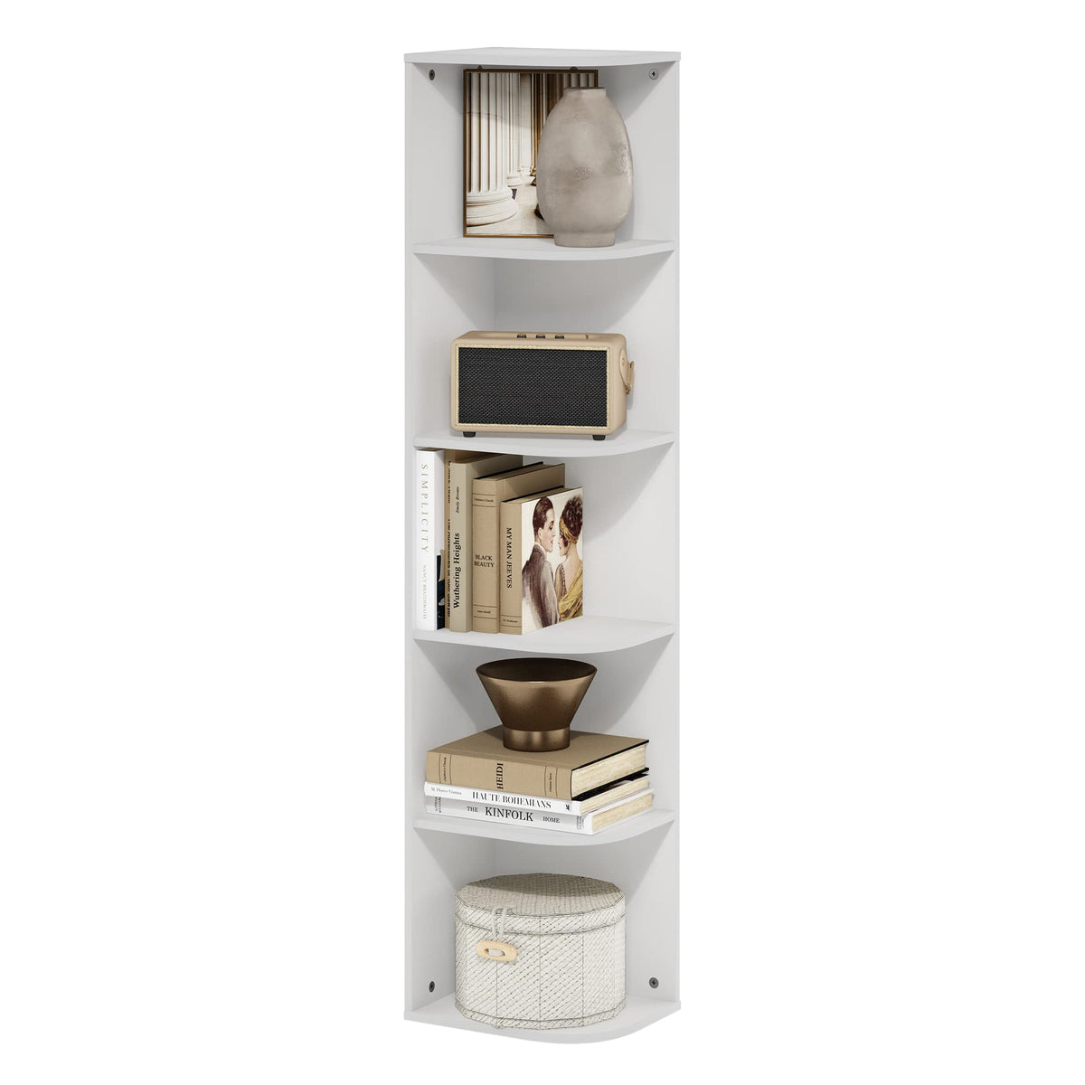 Furinno PASIR Book Shelf, 5-Tier Corner Bookshelf, Open Shelves Bookcase 9.3 x 12 x 51.7, for Living Room, Bedroom, Home Office, White