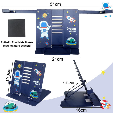 Garegce Book Stand Folding with Page Paper Clips, Cute Astronaut Book Holder, Cookbook Stands 6-Position Adjustable Height for Reading