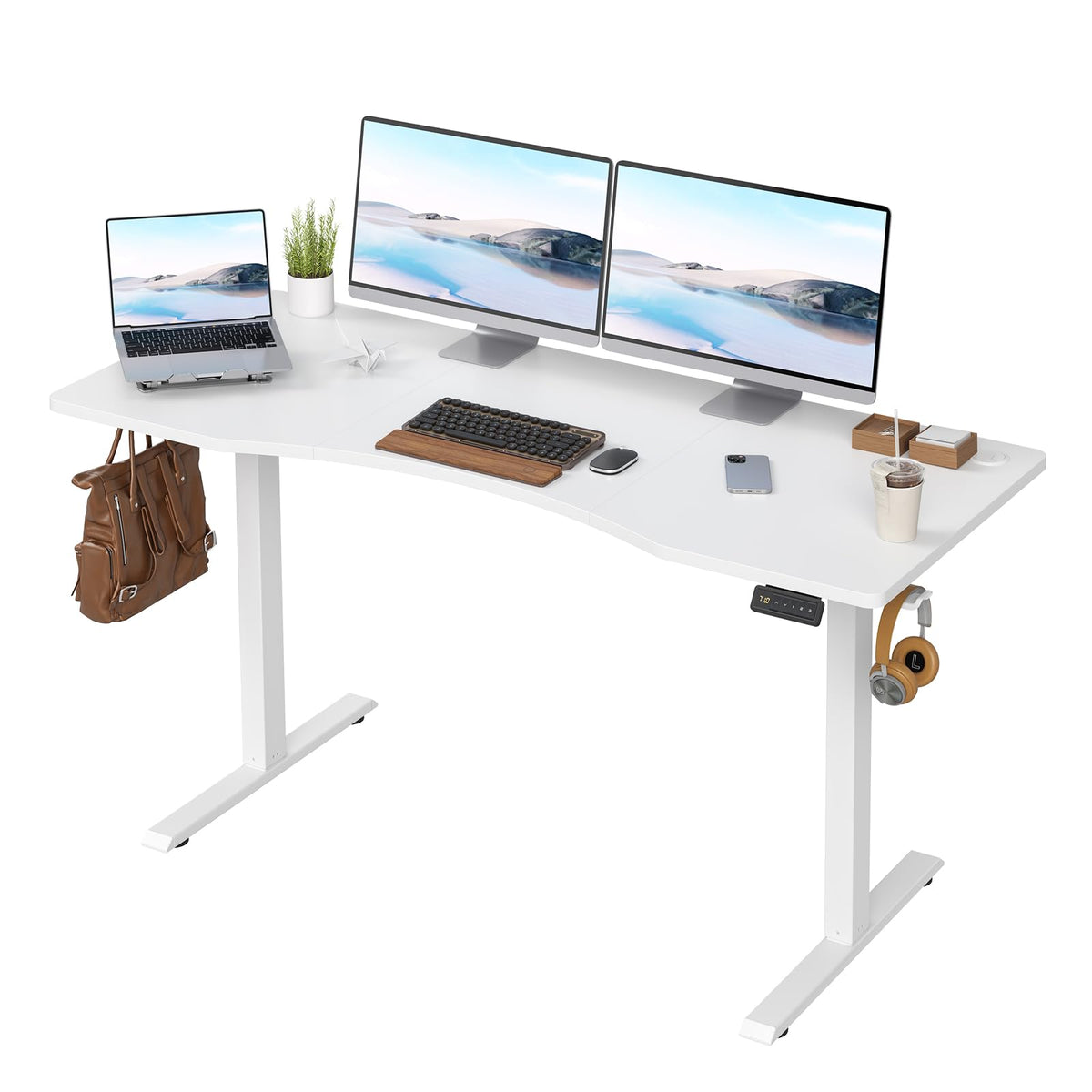 Farini U-Shaped Ergonomic Electric Standing Desk, 140x60cm, Height Adjustable Sit to Stand Desk with Memory Keypad & Headphone Hook for Home and
