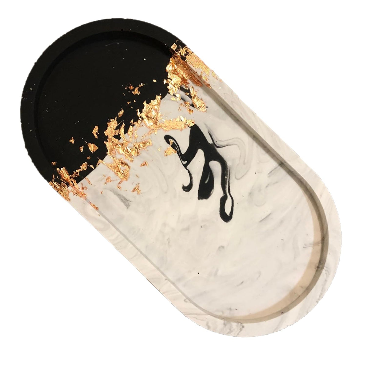 Handmade Jesmonite Oval Vanity Tray - Grey Marble Effect with Gold/Copper/Silver Leaf Detail | Decorative | Jewellery | Trinket