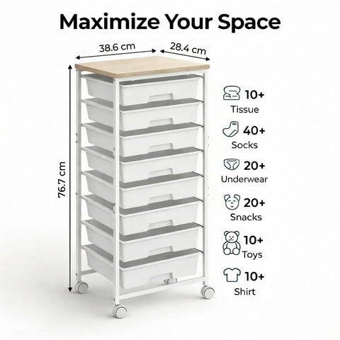 8 Drawer Rolling Storage Trolley with Wooden Worktop, Plastic Drawer Organiser Cart on Wheels with Lockable Silent Castors & Anti-Fall Latch