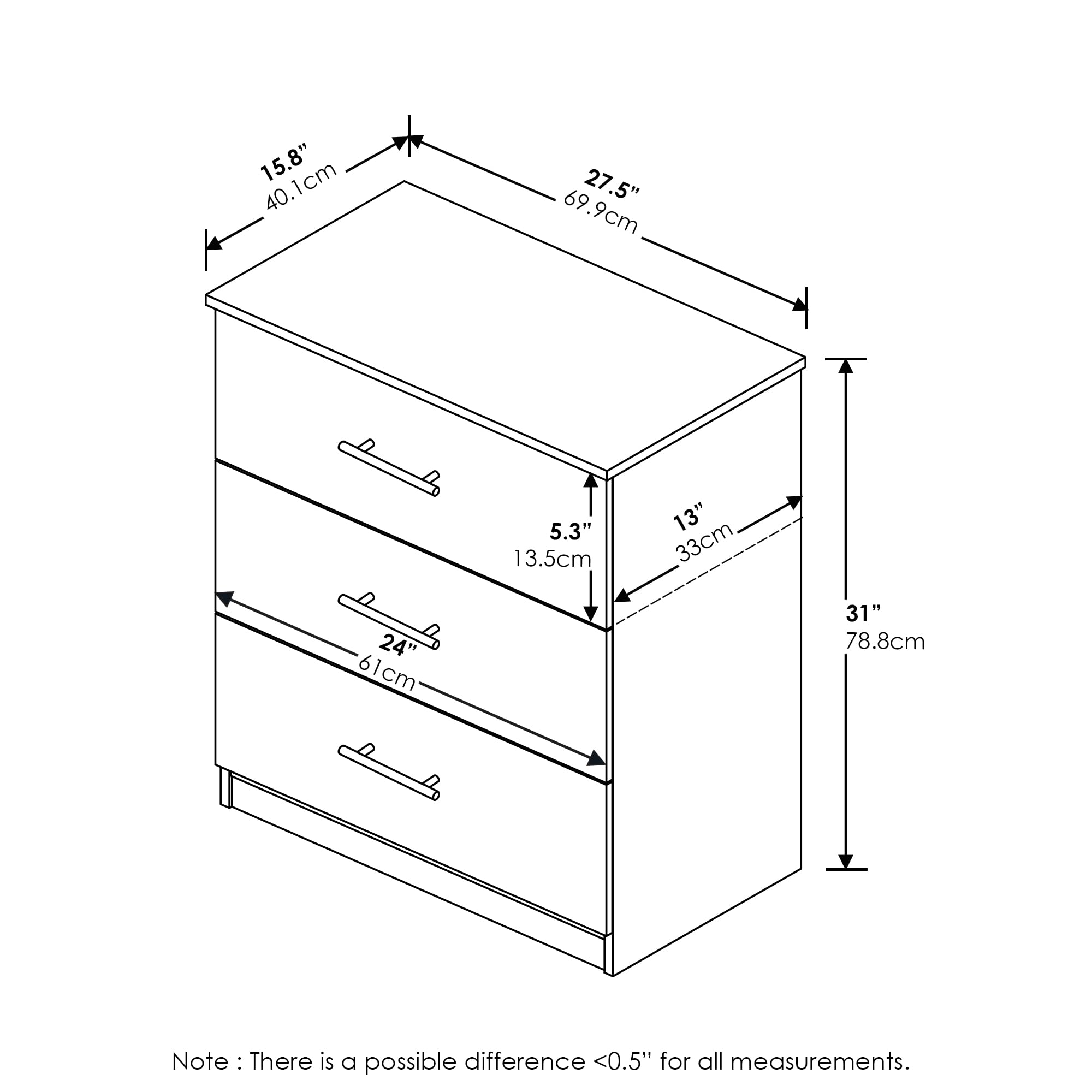 Furinno Tidur Simple Design 3-Drawer Dresser with Handle, Americano