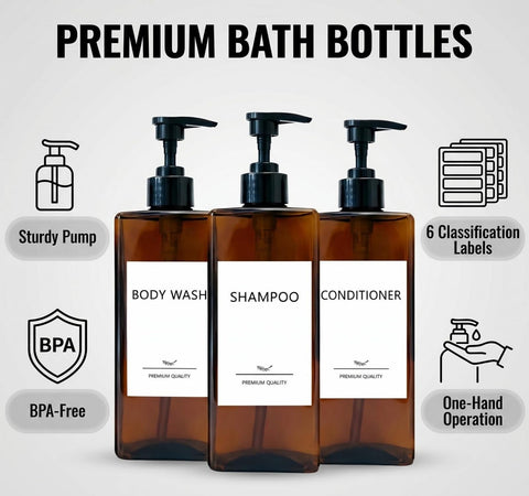 Shampoo and Conditioner Dispenser Set, 3Pack Refillable Shampoo and Conditioner Bottles with Labels