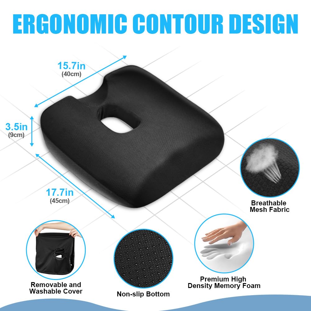 Ainiv Memory Foam Seat Cushion, Non-Slip Coccyx Cushion for Car Seat with Scientific Center Hole & U-Shaped Cutout, for Car Seat