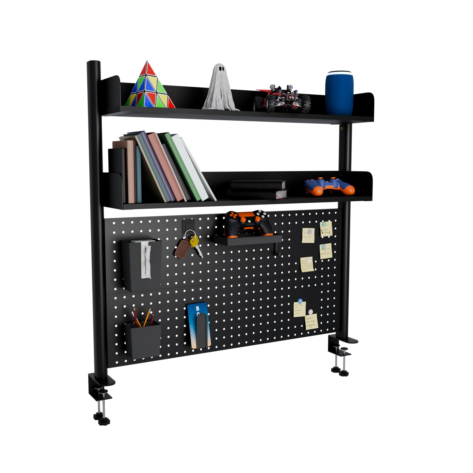 Boltmol Clamp on 2 Tier Desk Shelf,Black 100CM, Desktop Organizer With Pegboard, Countertop Storage Bookcase For Home, Office Or Dorm