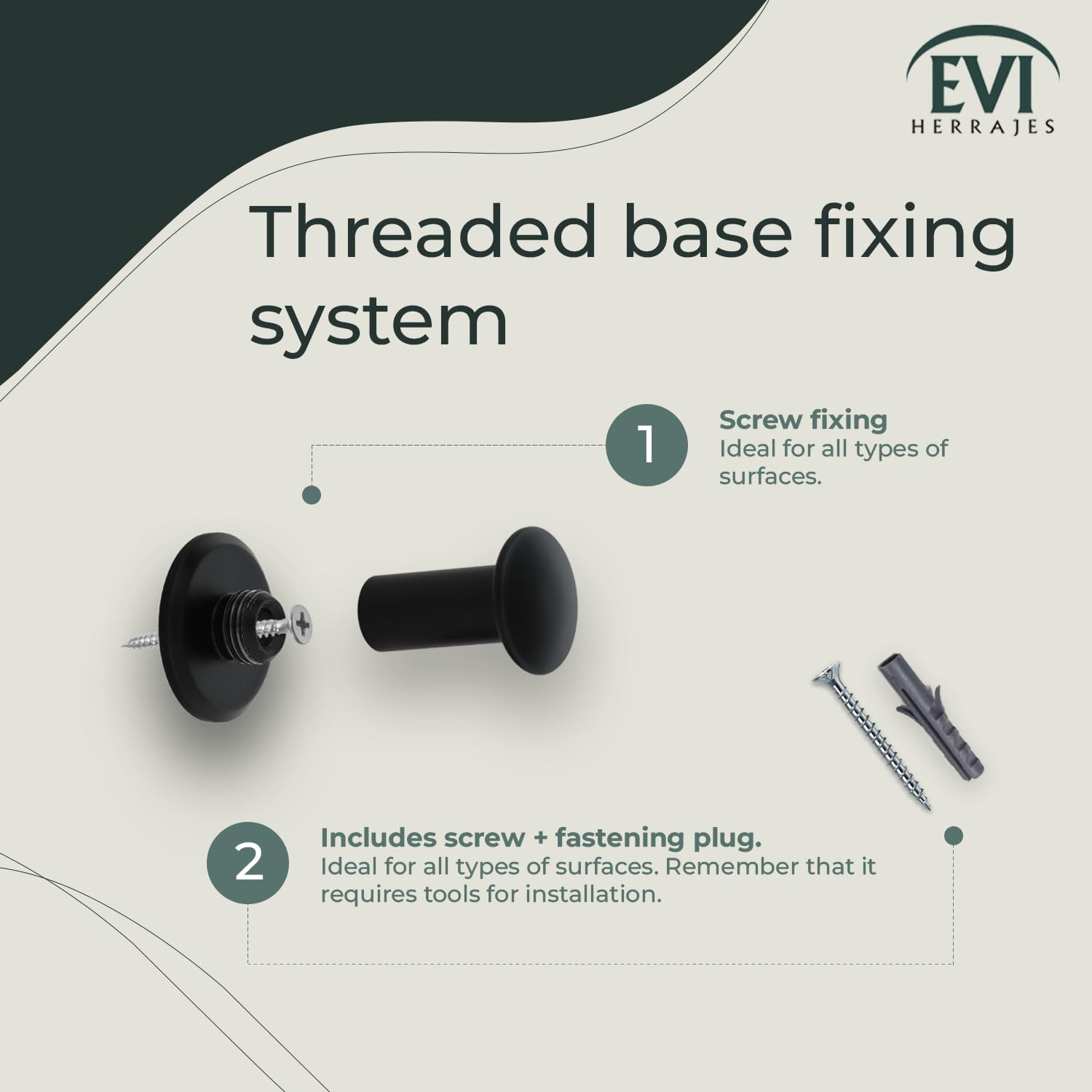 EVI Herrajes | Coat Hook | Bathroom Wall Hanger | Stainless Steel - Black Lacquered | for Hanging Clothes