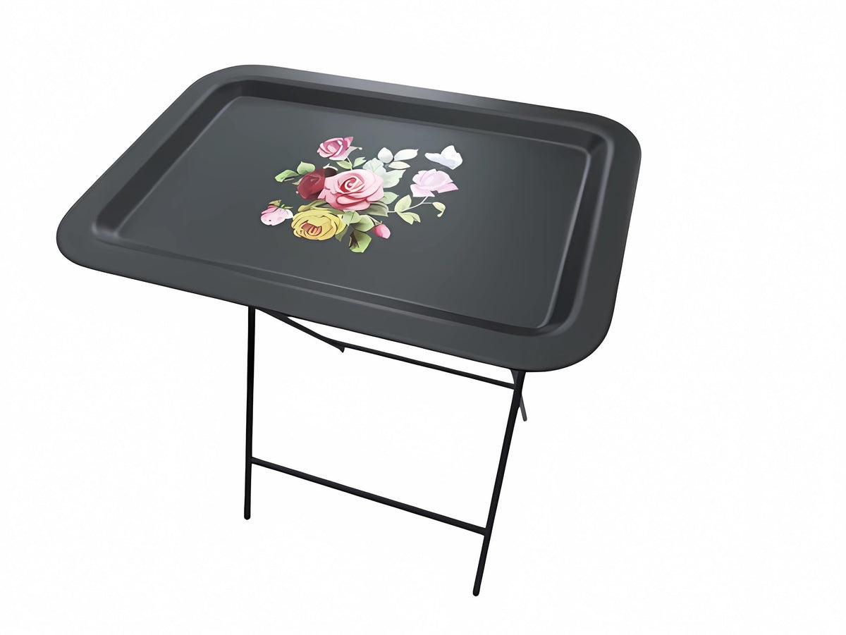 Ruweistar Portable Folding TV Tray Table with Floral Design, Grey Metal Frame, Side Table for Sofa (black)