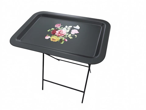 Ruweistar Portable Folding TV Tray Table with Floral Design, Grey Metal Frame, Side Table for Sofa (black)