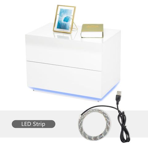 Meerveil Bedside Table, LED Bedside Cabinet with 2 Drawers High Gloss with USB Light 60x39x45cm for Bedroom Living Room, White