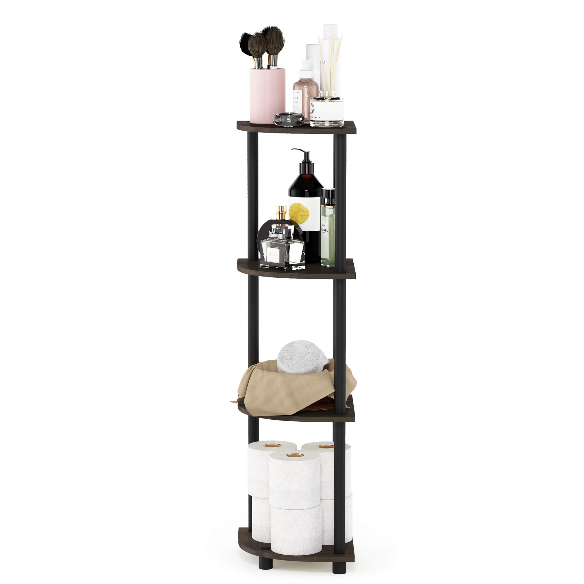 Furinno TURN-N-TUBE Toolless Assembly 4-Tier Corner Shelf, Black Corner Book Shelf, Open Shelves Bookshelf, for Organization and Storage, Living Room