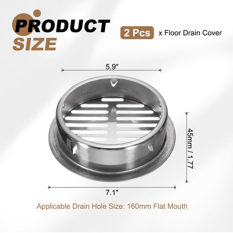 PATIKIL Floor Drain Cover 7.1" x 5.9" (160 Flat Mouth), 2 Pcs 304 Stainless Steel Round Anti Blocking Snap-in Drain Strainers for Outdoor Bathroom