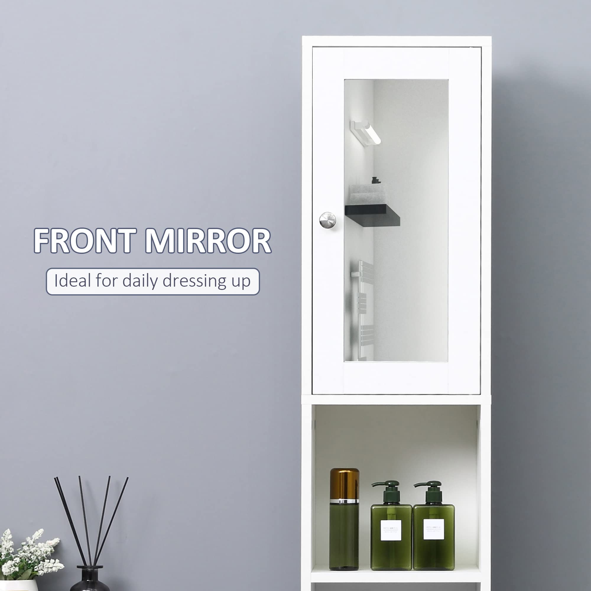kleankin Tall Bathroom Storage Cabinet Mirrored Tallboy Cabinet White