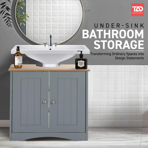 Timber Art Design UK Bathroom Sink Cabinet Bathroom Storage Cabinet Floor Under Basin with 2 Internal Shelves Freestanding Vanity Storage Cupboard