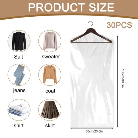 Plastic Garment Bags, 30 Pack Dry Cleaning Bags, Clear Clothes Covers, Dust Proof Garment Protector Covers, Garment Bags