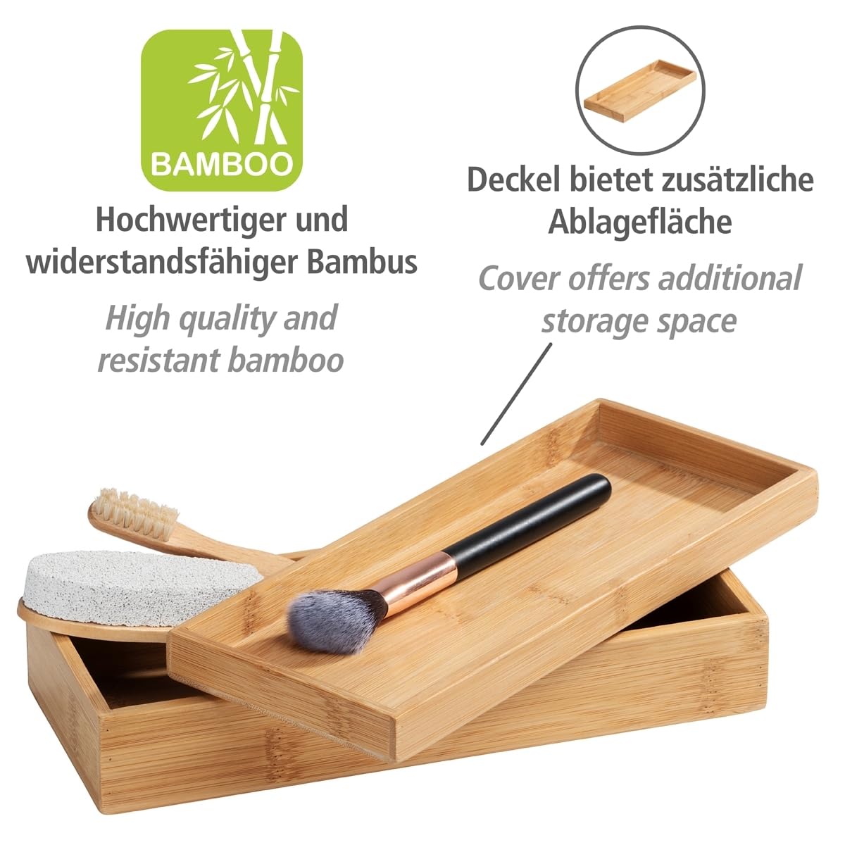 WENKO Terra Bamboo Organiser Box with 3 Compartments - Storage Box, Bathroom Basket, Bamboo, brown, Maße (B x H x T): 24 x 6 x 10 cm