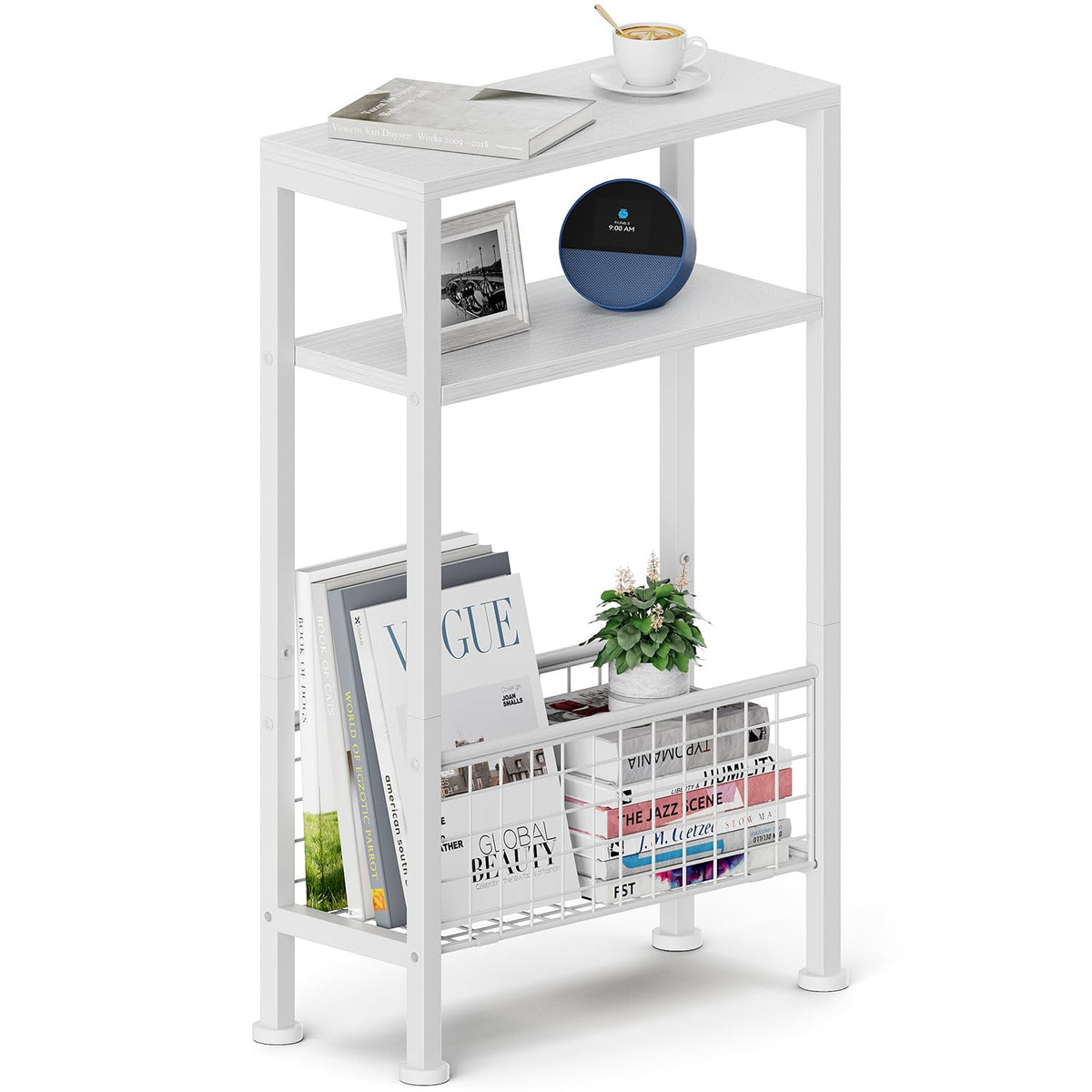 Yuede Narrow Side Table with Magazine Rack, 3-tier Slim Bedside Table, Small End Table for Living Room, Bedroom, MDF & Metal Frame (White)