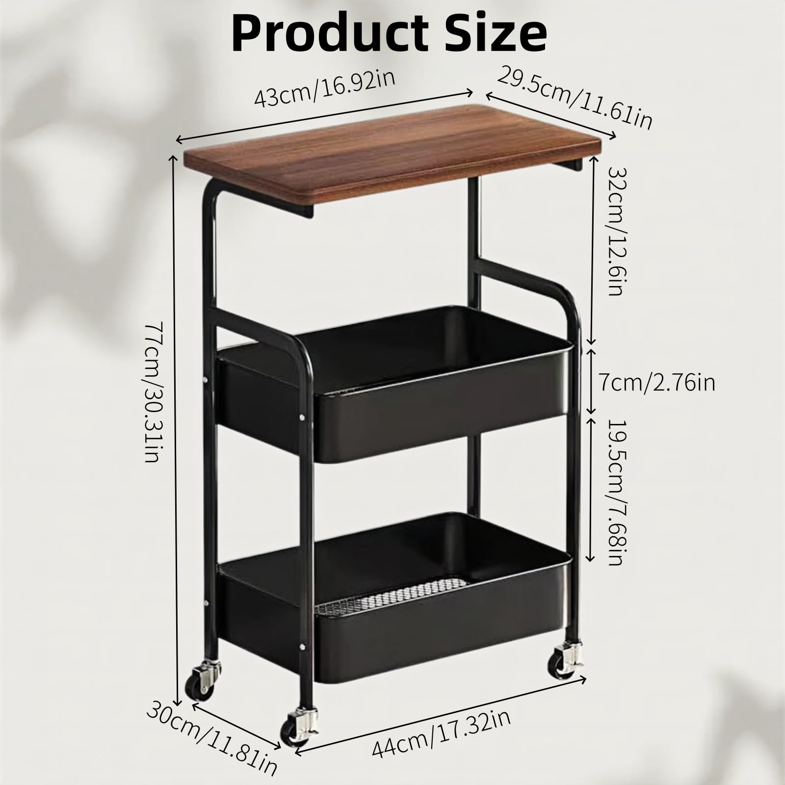 3 Tier Metal Rolling Utility Cart Organizer with Walnut Table Top, Stable and Sturdy Rolling Storage Carts with 2 Lockable Wheels for Kitchen