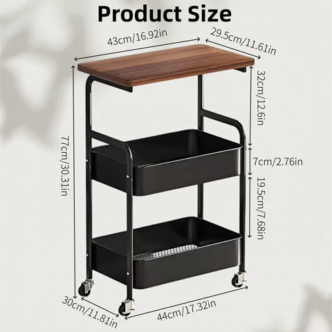 3 Tier Metal Rolling Utility Cart Organizer with Walnut Table Top, Stable and Sturdy Rolling Storage Carts with 2 Lockable Wheels for Kitchen
