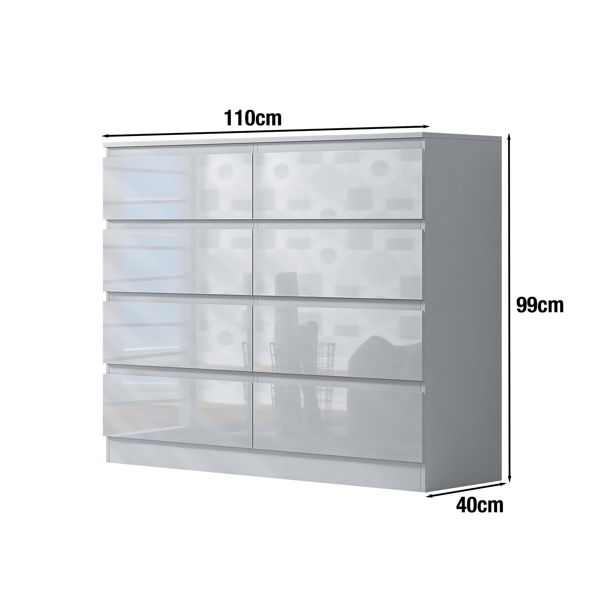 FWStyle White Gloss 8 Drawer Chest of Drawers with Matt White Frame, Scandinavian Handleless Bedroom Storage Furniture with Deep Drawers and Metal