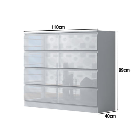 FWStyle White Gloss 8 Drawer Chest of Drawers with Matt White Frame, Scandinavian Handleless Bedroom Storage Furniture with Deep Drawers and Metal