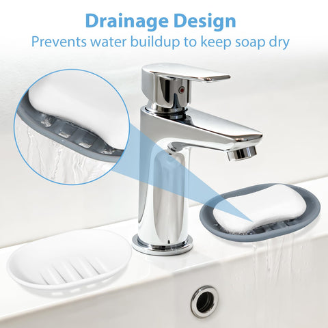 Silicone Soap Dishes, 2pcs Soap Dish with Drainage, Non‑Slip and Portable Soap Tray, Bar Soap Holder for Shower, Bathroom, Kitchen - Grey & White