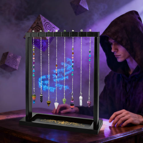 BEUNITONE Wooden Pendulum Crystal Display Holder, Witchcraft Supplies Organizer with Devil's Eye Pattern Tray