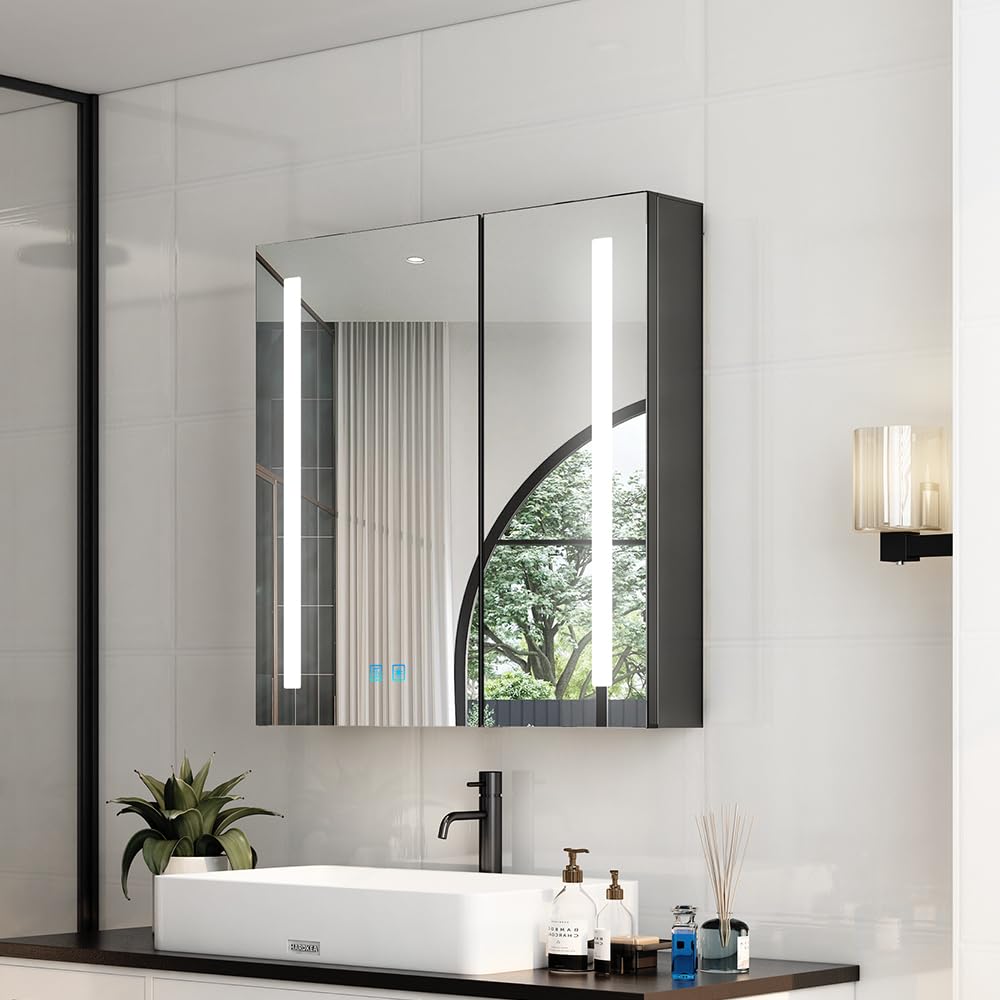 Quavikey® Black Bathroom Mirror Cabinet With Lights and Shaver Socket, Aluminum Wall Mounted Bathroom Cabinet with Mirror and Anti-fog