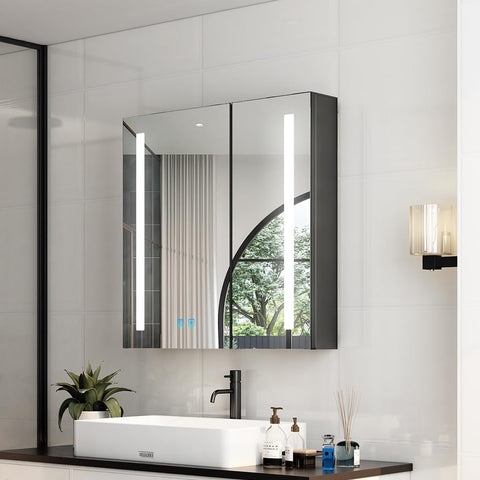Quavikey® Black Bathroom Mirror Cabinet With Lights and Shaver Socket, Aluminum Wall Mounted Bathroom Cabinet with Mirror and Anti-fog