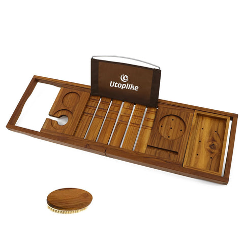 Utoplike Teak Wood Adjustable Bath Tray for Bathtub