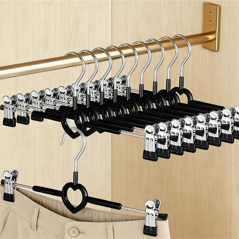 10 Pack Skirt Hangers with Adjustable Non-Slip Clips, 30cm Metal Trouser Hangers, Chrome Heavy Duty Clothes Hangers