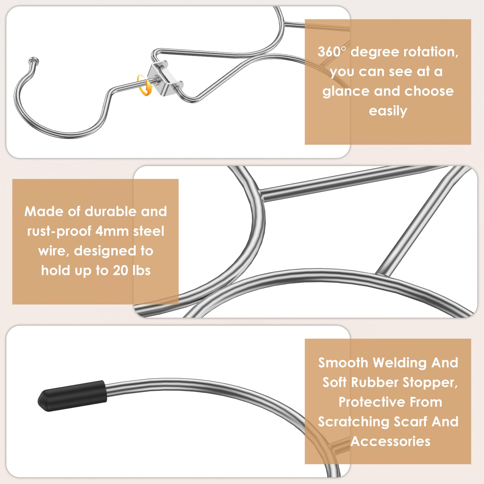2Pcs Scarf Hanger with 12 Hooks, Metal Scarf Storage Organizer, 360° Rotating Scarves Rack Space Savers