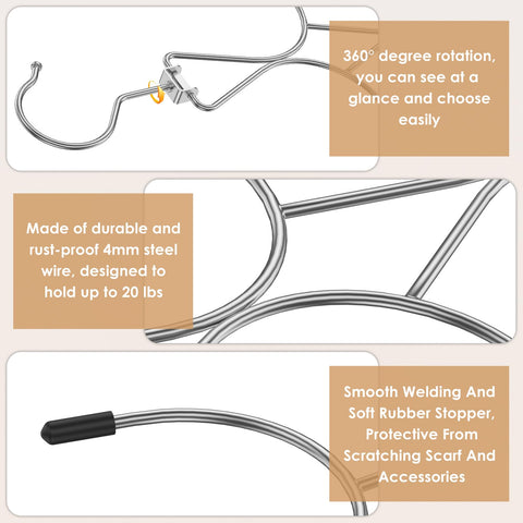 2Pcs Scarf Hanger with 12 Hooks, Metal Scarf Storage Organizer, 360° Rotating Scarves Rack Space Savers