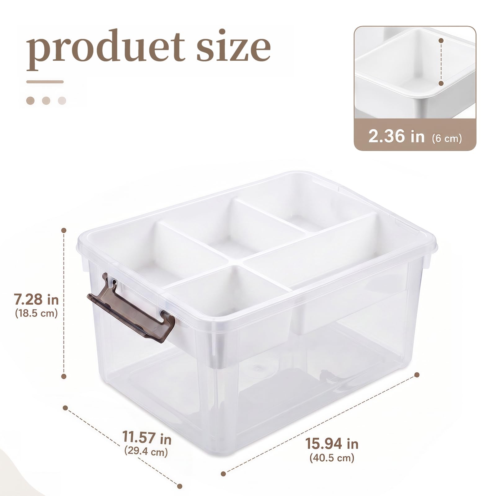 Stidyzo Craft Storage 5 Compartment Removable Tray with Gray Handle, Clear Storage Box with Lid, Stackable Craft Box for Art Supplies, Beads