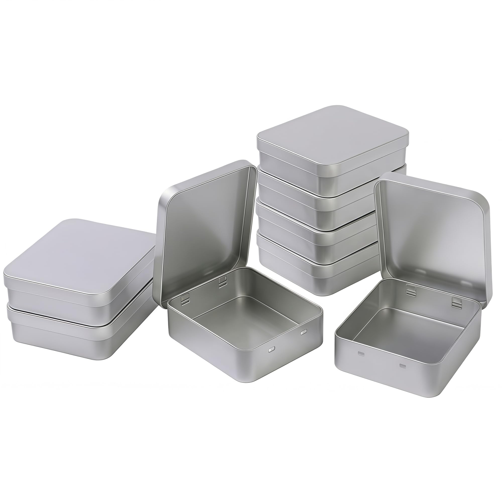 LJY Hinged Metal Tins, 8 Pack, 93 x 83 x 25 mm, Silver
