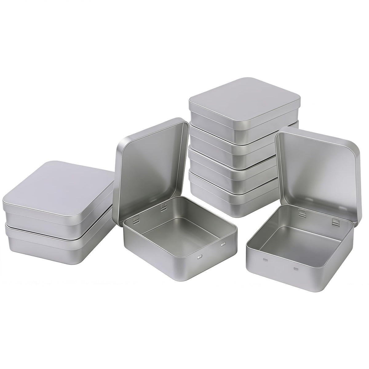 LJY Hinged Metal Tins, 8 Pack, 93 x 83 x 25 mm, Silver