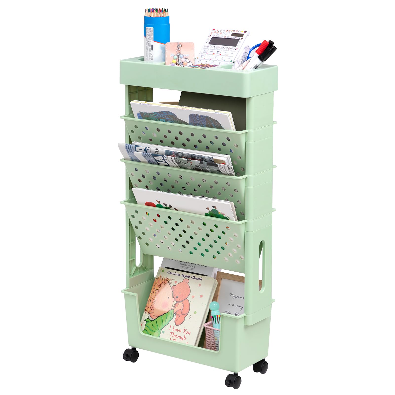 DOEWORKS Mobile Bookshelf with Wheels Small Rolling Book Storage Trolley Craft Trolley Art Trolleys 5-Tier Slim Bookcase Movable Bookshelf for Living