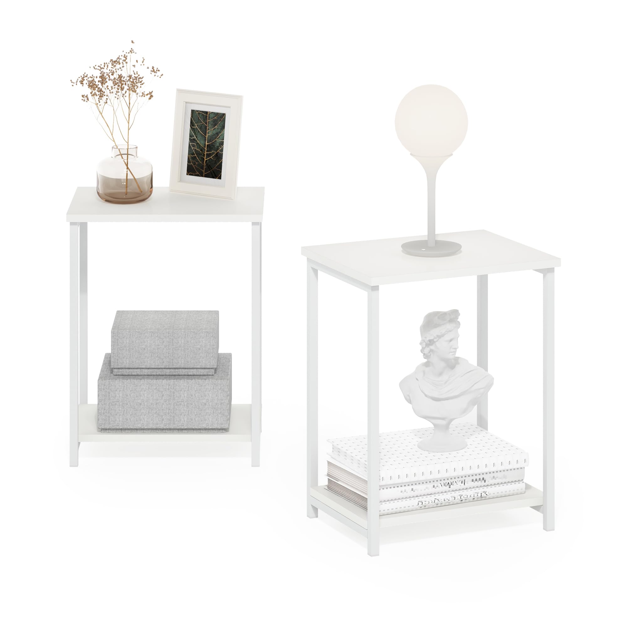 Furinno SIMPLISTIC Side Table Set of 2, 2-Tier Metal Frame End Table with Open Shelf, Night Stand, Bedside Table, for Living Room, Bedroom, White