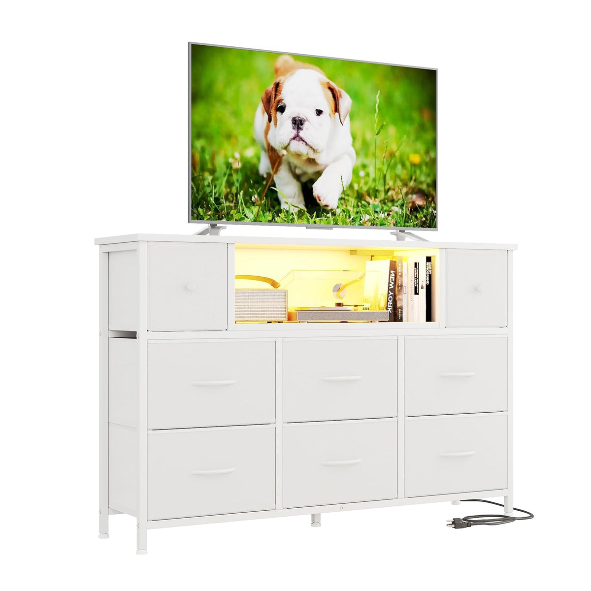 Flrrtenv Chest of Drawers, 8 Fabric Drawers Cabinet, 120CM TV Stand with Power Outlets and LED Lights for 55'' TV, for Bedroom Living Room & Entryway