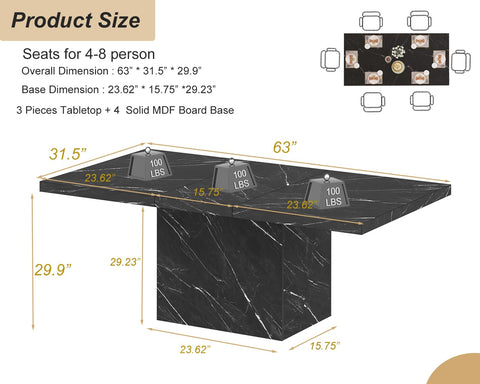 HSH Dining Table Modern Rectangle Kitchen Dinner Table 160cm Black Marble